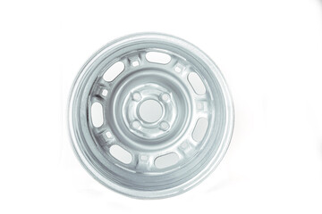 on a white background. a metal disc of a car without a tire. close-up.