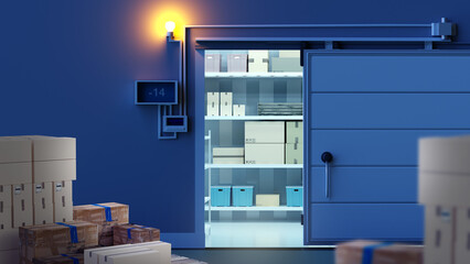 Refrigerator with boxes. Industrial cold store. Products in boxes are stored in refrigerator. Freezer warehouse in industrial factory. Concept goods for storage at sub-zero temperatures. 3d image.