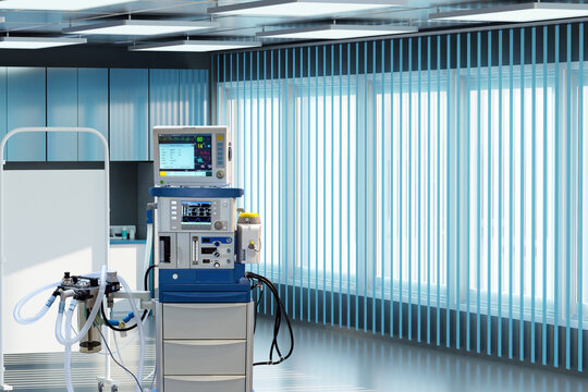 Medical Heart Monitor. Anesthesiologists Office. Clinic Interior With Anesthesia Equipment. Medical Electronic Device For Anesthesia. Surgical Room With Large Windows. Anesthesia Machine. 3d Image.