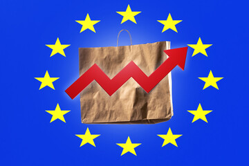 European Union. Red growth graph. Product inflation in European countries. Growth arrow near paper bag. Inflation in Europe. Package from supermarket symbol prices foods. Inflationary crisis. 3d image