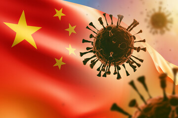 Coronavirus in China. Covid-19 pandemic. Sars-cov-2 epidemic. Concept of quarantine in China. Coronavirus bacteria. Restriction in China due to coronavirus. Lockdown, Delta, Omicron. 3d image.