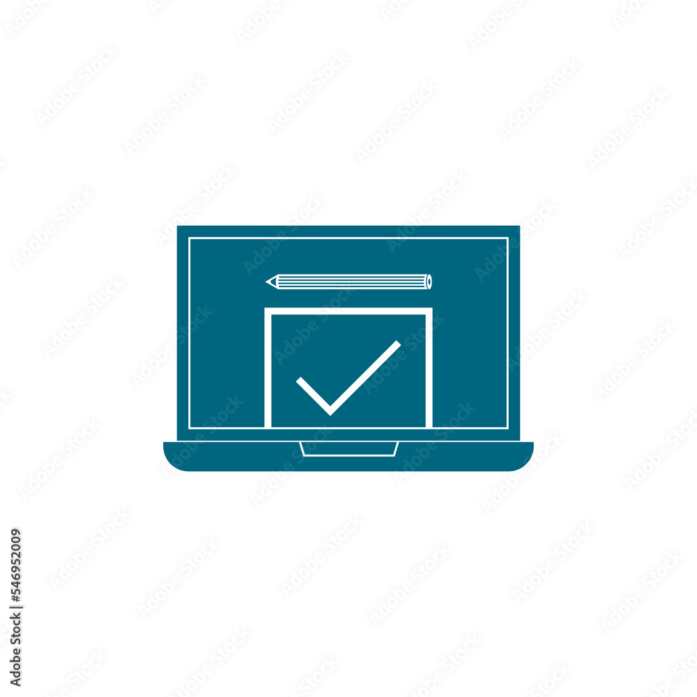 Poster laptop with window online testing form icon isolated on white background