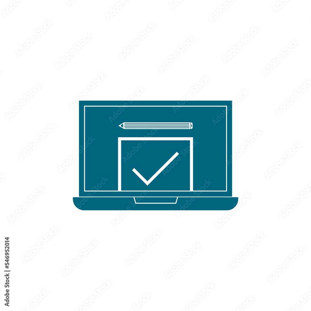 Aufkleber laptop with window online testing form icon isolated on white background