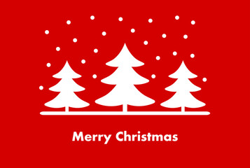 White Christmas trees on red background. Christmas winter greeting card.