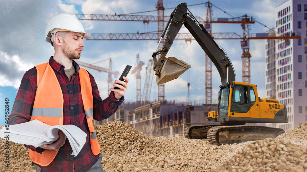 Poster excavator at construction site. excavator driver with documentation. builder in block under construc