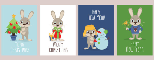 Set of New Year and Christmas cute cards with hare. Format A5. Vector graphic.