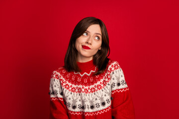 Photo of positive gorgeous thoughtful girl with straight hairstyle wear red sweater look empty...