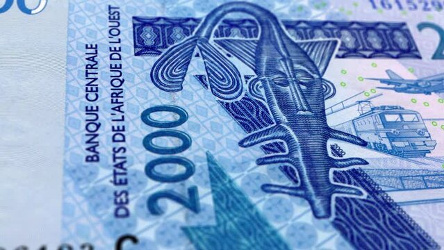 Burkina Faso West African CFA franc 2000 Banknotes, Two Thousand Burkina Faso, Close-up and macro view of the West African CFA franc, Tracking and Dolly Shots 2000 West African CFA fran banknote
