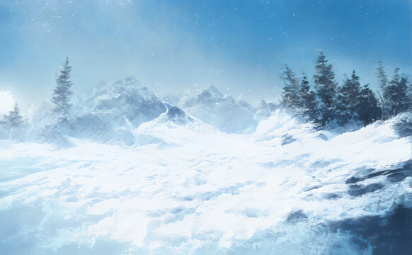 Christmas Fantastic Winter Epic Landscape of Mountains. Celtic Medieval forest. Frozen nature. Glacier in the mountains. Mystic Valley. Artwork sketch. Gaming RPG background. Game asset.  