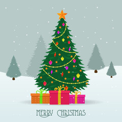 Merry Christmas flat graphic with christmas tree and snow background.