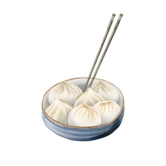 Hand drawn Chinese dumplings in ceramic bowl with chopsticks isolated on white. Traditional Asian cuisine, dim sum