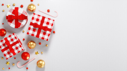 Christmas Gift Boxes and Festive Decorations on White Background