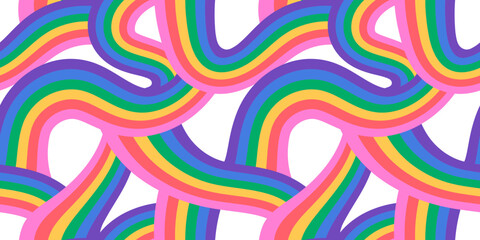 Retro 60s style rainbow seamless pattern with pastel color stripes. Vintage psychedelic wave cartoon background. Trendy hippie 70s stripe print illustration.