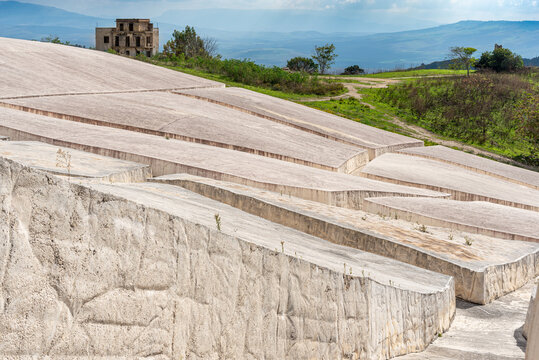 The crack of Burri, Italian Il Cretto di Burri. Monumental landscape artwork in Sicily. The village of Gibellina, destroyed by a quake, undertaken under concrete awakens as a spectacular work of art