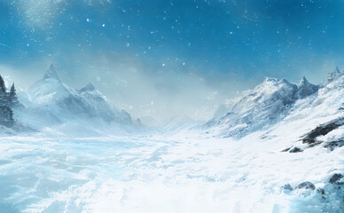 Christmas Fantastic Winter Epic Landscape of Mountains. Celtic Medieval forest. Frozen nature. Glacier in the mountains. Mystic Valley. Artwork sketch. Gaming RPG background. Game asset.  