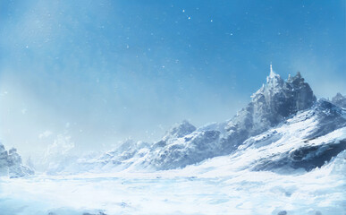 Christmas Fantastic Winter Epic Landscape of Mountains. Celtic Medieval forest. Frozen nature. Glacier in the mountains. Mystic Valley. Artwork sketch. Gaming RPG background. Game asset.  