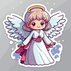 Christmas angel cartoon sticker, xmas wings angel character stickers. Winter holidays