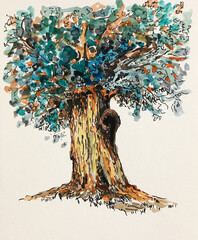 Illustration - tree. Icon of a colorful tree, liner and watercolor painting.