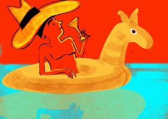 Pool cowboy a dude wearing a western style cowboy hat drinks champagne in a swimming pool while inside a pool floatable horse. painted style illustration humour