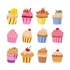 Variety of colorful and delicious cupcakes and yogurt illustrations