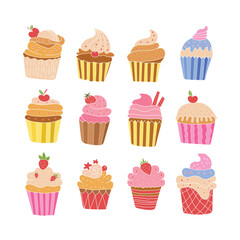 Variety of colorful and delicious cupcakes and yogurt illustrations