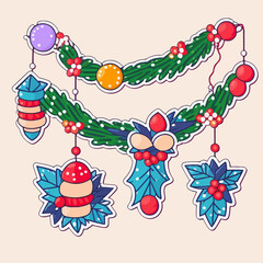 Fototapeta na wymiar Christmas garland cartoon sticker, xmas omela printable stickers sheet. New-year collection