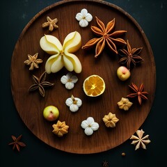 Fototapeta premium AI-generated Abstract Table Top Image Of Mixed Christmas Spices And Fruits