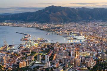 Fototapeta na wymiar Palermo, Italy Skyline Over the Port at Dusk