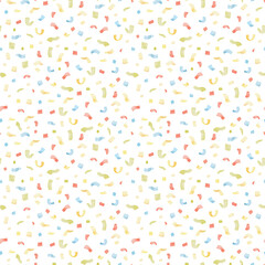 Seamless pattern with festive colorful confetti isolated on white background. Hand drawn illustration sketch