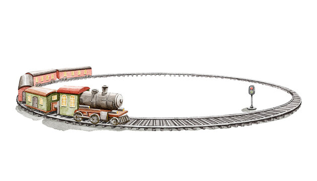 Watercolor vintage children toy miniature round railway with train isolated on white background. Hand drawn illustration sketch