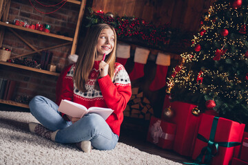 Full body photo of creative minded sweet girl sit carpet floor hold notepad pen brainstorming...