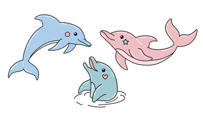 Set of cute cartoon funny dolphins. Hand drawn vector illustration isolated on white. 