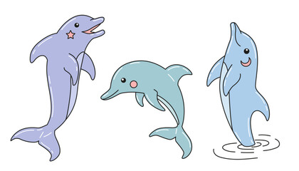 Set of cute cartoon funny dolphins. Hand drawn vector illustration isolated on white. 