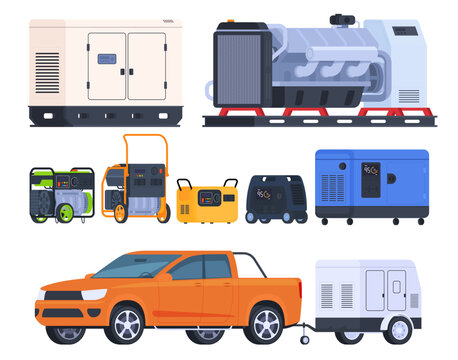 Electric generators for power supply. Portable power supply for the operation of electrical appliances. Operation when the light is turned off. Vector illustration