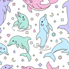 Seamless pattern with cute cartoon dolphins. Hand drawn vector background. Retro modern texture for textile, wrapping paper.