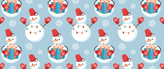 Cheerful snowman with bucket on head, blue background. Seamless pattern for fabrics, textiles, paper, wallpaper. Winter design. Cute cartoon character. Bright Vector illustration