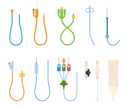 Medical sterile catheters for patient treatment. Medical tools for accessing blood vessels and internal organs. Vector illustration