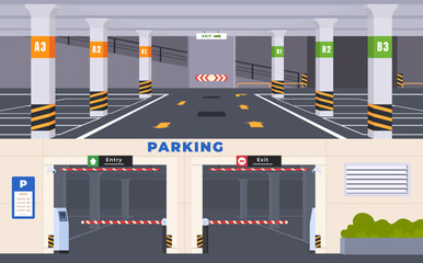 Underground parking for parking vehicles in the city. Compact car parking in supermarkets, high-rise buildings. Vector illustration