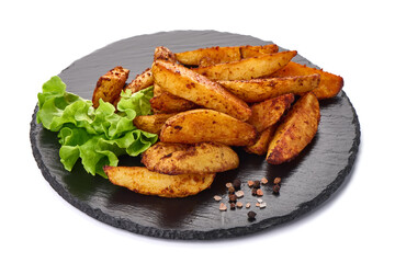 Baked potato wedges, fried potatoes, isolated on white background.
