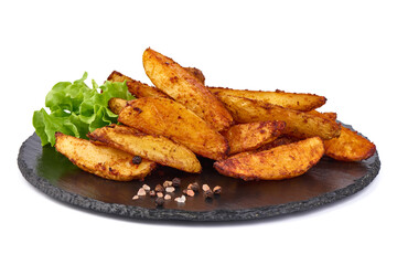 Baked potato wedges, fried potatoes, isolated on white background.