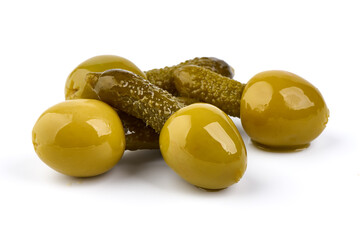 Olives with cornichons, isolated on white background.