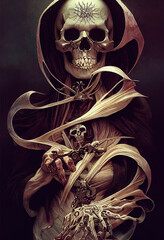 An image of death with skulls and bony hands on a dark background. Halloween theme.
