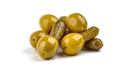Olives with cornichons, isolated on white background.