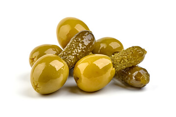 Olives with cornichons, isolated on white background.