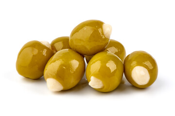 Garlic Stuffed Green Olives, isolated on white background.