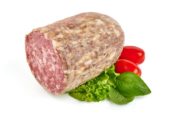 Cured salami sausage, Italian sausage with mold, isolated on white background.