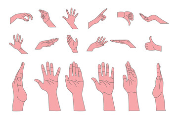 Human hand gestures set, minimal line art illustrations, ok, thumb up and pointing finger