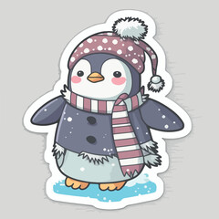 Christmas penguin cartoon sticker, xmas penguin in hat stickers elements. Winter holidays