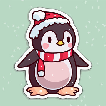 Christmas penguin cartoon sticker, xmas penguin in hat stickers decoration. New-year holidays