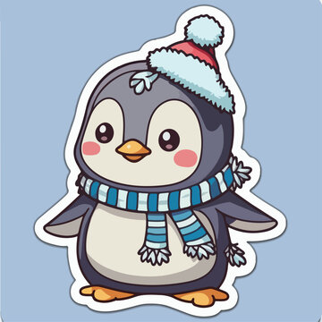 Christmas penguin sticker, xmas penguin in hat character stickers. New-year collection